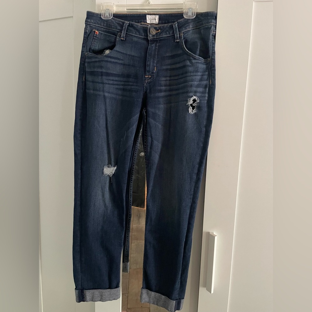 Hudson Jeans Dark Indigo Straight Leg with Distressed Details Sz. 32